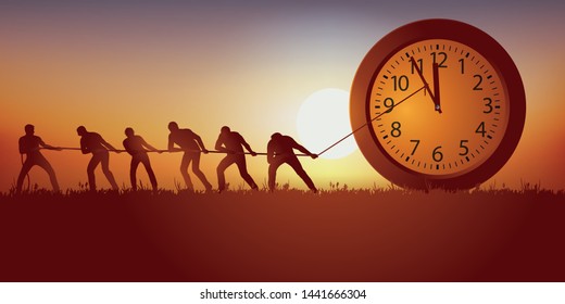 Symbol of time passing with a group of men trying to stop it by symbolically holding the hands of a clock with a rope.