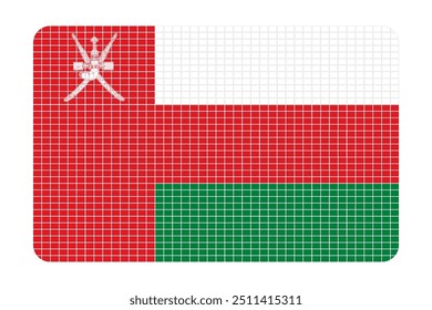 Un símbolo de tradición y orgullo nacional. La bandera omaní presenta un diseño único con franjas Horizontales de blanco, rojo y verde, complementadas con una franja roja de Vertical en el lado del polipasto con la malla