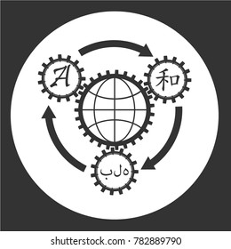 The symbol translator, online translation, mechanism, gears, gear boxes, with letters and hieroglyphics, arrows indicating the direction of rotation and the sign of the planet earth. Flat style.