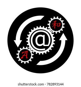 The symbol translator, online translation, mechanism, gears, gear boxes, with letters and hieroglyphics, arrows indicating the direction of rotation and the sign of the planet earth. Flat style.