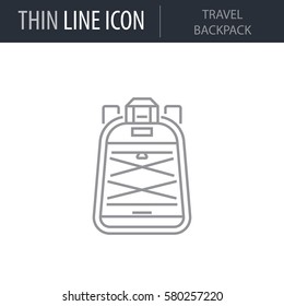 Symbol of Travel Backpack. Thin line Icon of Bags. Stroke Pictogram Graphic for Web Design. Quality Outline Vector Symbol Concept. Premium Mono Linear Beautiful Plain Laconic