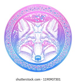 Symbol of a travel, freedom, tourism. Fox against the background of Universe tattoo art. Ethnic style t-shirt design 