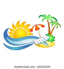 Symbol for travel and recreation. Sun and sea wave, palm trees and chaise longue.
