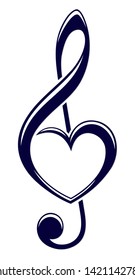 A symbol of a treble clef with heart.