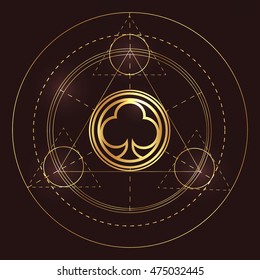 Symbol of trinity. Icon force with lettering SACRED GEOMETRY. Isolated vector illustration. Trendy  element on blackboard background. Philosophy, spirituality, occultism, alchemy, death, magic. 