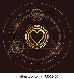 Symbol of trinity. Icon force with lettering SACRED GEOMETRY. Isolated vector illustration. Trendy  element on blackboard background. Philosophy, spirituality, occultism, alchemy, death, magic. 