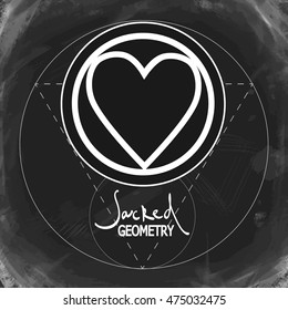 Symbol of trinity. Icon force with lettering SACRED GEOMETRY. Isolated vector illustration. Trendy  element on blackboard background. Philosophy, spirituality, occultism, alchemy, death, magic. 