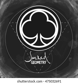 Symbol of trinity. Icon force with lettering SACRED GEOMETRY. Isolated vector illustration. Trendy  element on blackboard background. Philosophy, spirituality, occultism, alchemy, death, magic. 