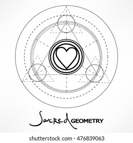 Symbol of trinity. Icon force with lettering SACRED GEOMETRY. Isolated vector illustration. Trendy  element on blackboard background. Philosophy, spirituality, occultism, alchemy, death, magic. 