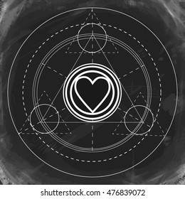 Symbol of trinity. Icon force with lettering SACRED GEOMETRY. Isolated vector illustration. Trendy  element on blackboard background. Philosophy, spirituality, occultism, alchemy, death, magic. 