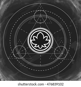 Symbol of trinity. Icon force with lettering SACRED GEOMETRY. Isolated vector illustration. Trendy  element on blackboard background. Philosophy, spirituality, occultism, alchemy, death, magic. 