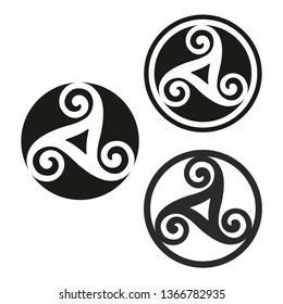 Symbol triskele rundum, drei Versionen Vektorgrafiken, einfach, inverse und ohne Grenzen