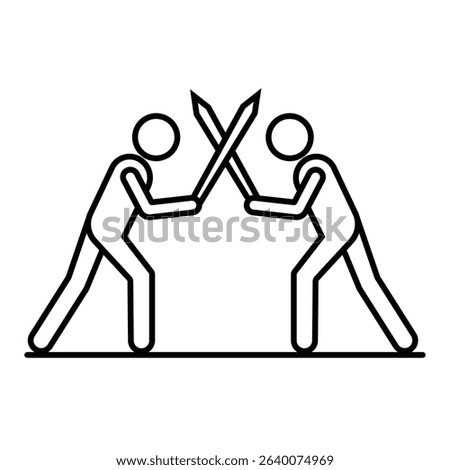 Symbol two fencers engaged in a sword fight isolated on white background. Fencers dueling with swords in a dramatic battle. Fencing sport championship design element editable stroke.