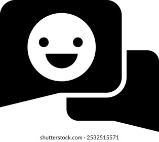 Símbolo de duas bolhas de fala com rosto sorridente, representando feedback positivo e comentários, perfeito para temas relacionados à comunicação e interação com o usuário.