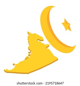 Symbol uae icon isometric vector. United arab emirates map, month with star icon. Religion symbol on background of country map