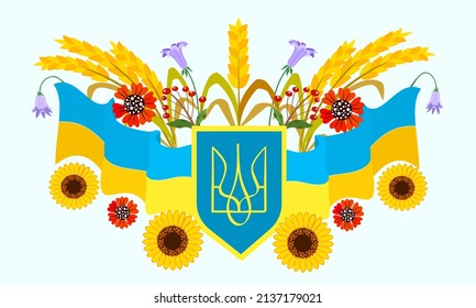 Symbol of Ukraine, flag color ribbon, wheat sprouts, bells, sunflowers. A symbol of peace.