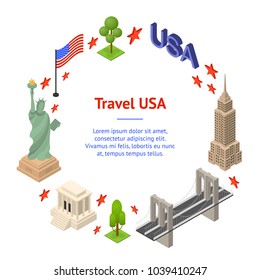 Symbol of USA Banner Card Circle Concept Travel Isometric View Landmark and Architecture America. Vector illustration of Famous American Symbols