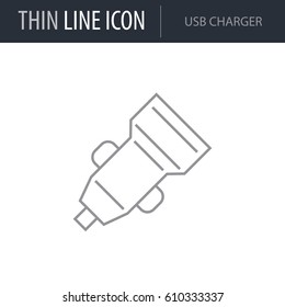 Symbol Of Usb Charger. Thin Line Icon Of Car Elements. Stroke Pictogram Graphic For Web Design. Quality Outline Vector Symbol Concept. Premium Mono Linear Beautiful Plain Laconic Logo