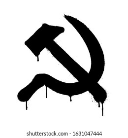 Symbol of USSR communism icon with hammer and sickle. Vector illustration in graffiti style with overspray in black over white.