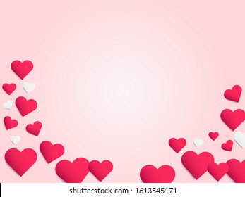 Symbol for Valentine's Day, a lot of paper elements in shape of heart flying on pink background.