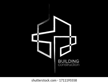Symbol vector of building and property logo template with creative line art icon. Real estate architeture design minimalist illustration for agency and company. Vector isolated brush style on black