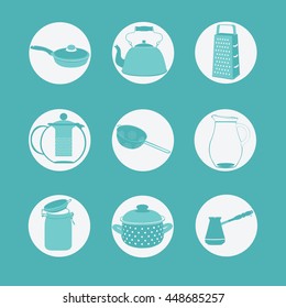 Symbol vector icon isolated flat cookware
vector set of flat cookware kostryulya pan grater decanter Bank teapot
Set a flat utensil vector menu window.