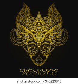 Symbol of Venice. Female face in carnival golden ornate mask. Vintage hand drawn vector illustration