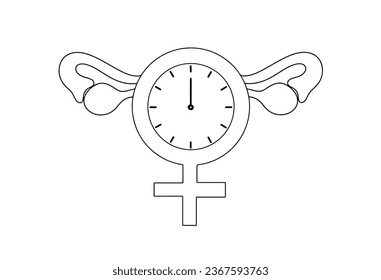 Símbolo de Venus con un reloj dentro. Los ovarios por los lados. Símbolo del inicio de la menopausia. Día Mundial de la Menopausia. Un dibujo de línea para diferentes usos. Ilustración vectorial.