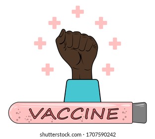 Symbol of victory over coronavirus, disease, virus, COVID-19. The vaccine was invented and the doctor raised his fist up as sign or symbols. Healing, restoration, vector flat cartoon illustration.