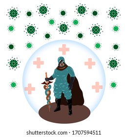 Symbol of victory over epidemic, disease, virus, COVID-19, infection. The doctor put on a mask, protective clothing, protects humanity surrounded by the coronavirus. Vector flat cartoon illustration.