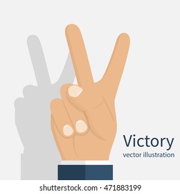Symbol victory. Peace sign. Two finger gesture hand. Show two fingers. Vector illustration flat design. Isolated man's hand on white background.
