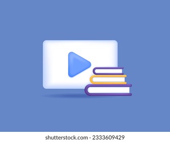 Symbol of videos and stacks of books. Educational shows or educational films. Online courses, workshops, tutorials, and training. Educational media and science. Symbol or icon. Minimalist 3D