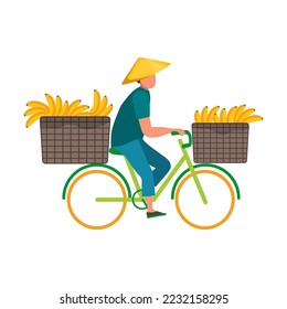 Symbol of Vietnam vector illustration. ASEAN country, man on bike with baskets of fruits and vegetables isolated on white background. Traveling, culture concept