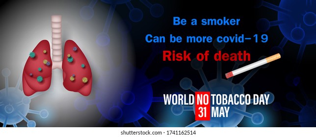 Symbol of virus on human lung in mesh 3d style and slogan with wording of World no Tobacco Day on virus symbols in neon blue with 3d style background.