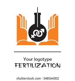 Symbol of in vitro fertilization. Black and orange icon.
Stylized image of male and female with two human hands.