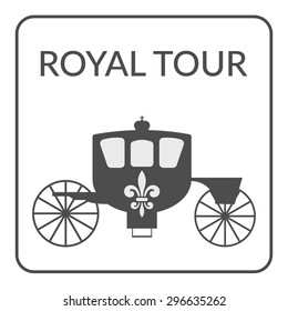 Symbol voyage. Gray silhouette carriage with royal fleur de lis on a white background. Logo Design for Tourist firm, company or advertising agency. Travel design. Service Concept. Flat Style. Vector