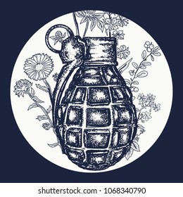 Symbol of weapon, war and peace, good and evil. Grenade tattoo and t-shirt design