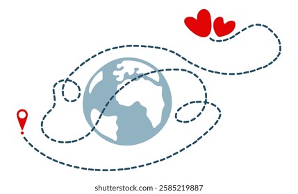 Symbol of wedding trip around the world for lovers. Vector color illustration in flat style. Unusual dotted line around planet connects red hearts and location icon. Icon of newlyweds traveling 