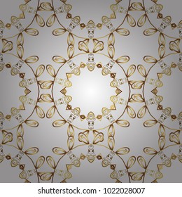 Symbol of winter, Merry Christmas holiday, Happy New Year 2018. Abstract wallpaper, wrapping decoration. Vector golden pattern on white and yellow colors. Golden snowflake simple seamless pattern.