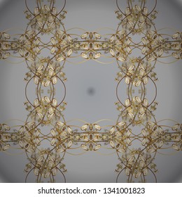 Symbol of winter, Merry Christmas holiday, Happy New Year 2019. Golden snowflake simple seamless pattern. Vector golden pattern on gray and neutral colors. Abstract wallpaper, wrapping decoration.