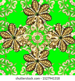 Symbol of winter, Merry Christmas holiday, Happy New Year 2019. Abstract wallpaper, wrapping decoration. Golden snowflake simple seamless pattern. Vector golden pattern on green and yellow colors.