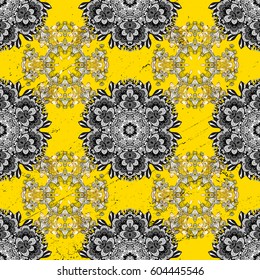 Symbol of winter, Merry Christmas holiday, Happy New Year 2018. White snowflake simple pattern. Abstract wallpaper, wrapping decoration. Vector white pattern on yellow background with white elements.