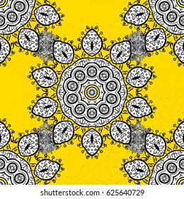 Symbol of winter, Merry Christmas holiday, Happy New Year 2018. Vector white pattern on yellow background with white elements. White snowflake simple pattern. Abstract wallpaper, wrapping decoration.