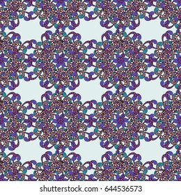 Symbol of winter, Merry Christmas holiday, Happy New Year 2018. Vintage snowflake simple seamless pattern. Abstract wallpaper, wrapping decoration. Vector colorful pattern on blue background.