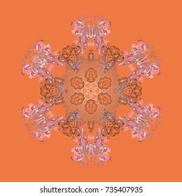 Symbol of winter, Merry Christmas holiday, Happy New Year celebration Vector. Abstract wallpaper, wrapping decoration. Orange, pink and gray snow on orange, pink and gray colors. Snowflake simple.