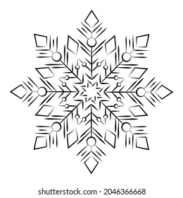 Symbol für eine Winterschneeflocke. Schwarze Schneeflocke auf weißem Hintergrund. Element zur Dekoration der Souvenirs, Postkarten, Kalender. Symmetrische runde Schneeflocke. Vektorbild.