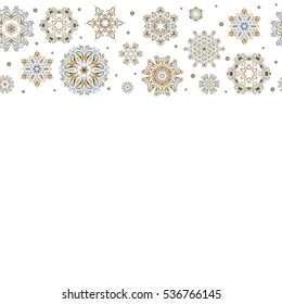 Symbol of winter. Vector illustration with beige and blue isolated snowflakes. Beautiful decoration with copy space (place for your text). Horizontal isolated watercolor snowflakes on white background
