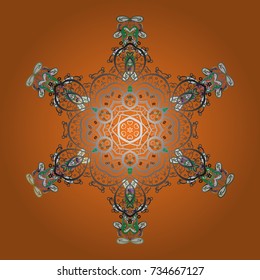 Symbol of winter. Vector illustration with orange, gray and green isolated snowflake. Beautiful decoration. Isolated watercolor snowflakes on orange, gray and green colors.