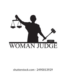 Symbol woman judge with judicial attributes. Judicial wooden gavel and scales of justice.