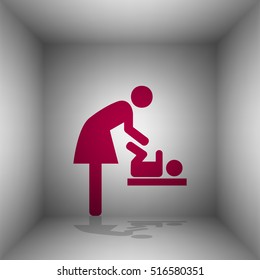 Symbol for women and baby, baby changing. Bordo icon with shadow in the room.